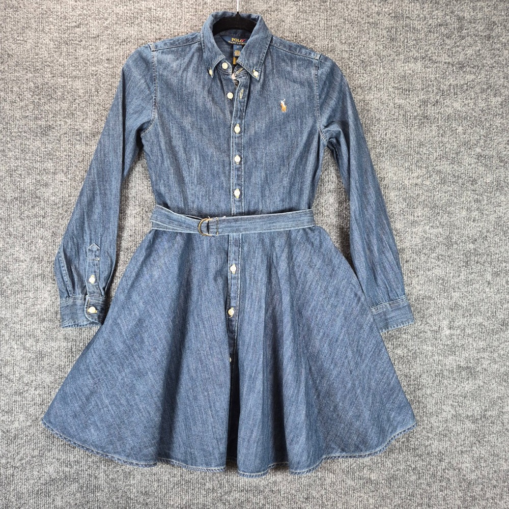 Polo Ralph Lauren Denim Dress Belted Fit Flare 12 Blue Girls